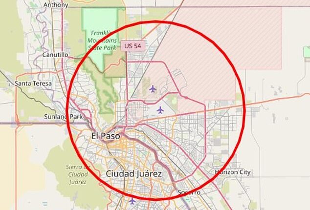 The restricted airspace is a 10-mile-wide area centered roughly five miles southwest of El Paso, extending from the ground up to 18,000 feet