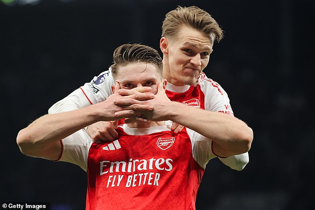 Martin Odegaard congratulates Viktor Gyokeres after the Swedish striker's second goal capped off his finest performance for Arsenal so far, against Spurs