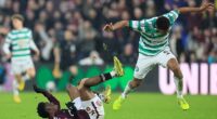 Celtic defender Auston Trusty collides with Hearts striker Pierre Landry Kabore