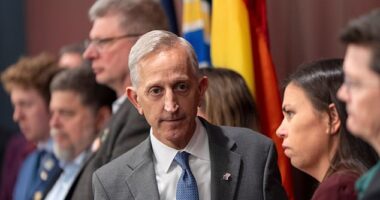 Keith Wilson (pictured center), the mayor of Portland, Oregon told Immigration and Customs Enforcement (ICE) agents to 'resign' and leave the city after he claimed peaceful protesters were tear gassed