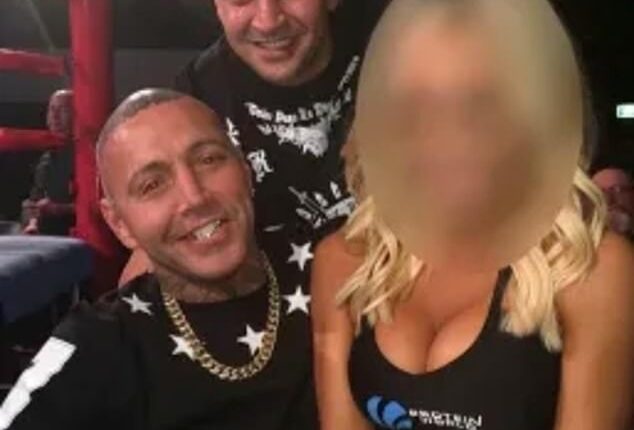Kaz Hamad (centre) with former bikie enforcer Toby Mitchell and a female boxing ring girl