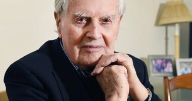 Former WW2 fighter pilot Colin Bell DFC pictured celebrating his 100th birthday at his home in Goudhurst, Kent