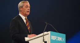 Nigel Farage speaks during a rally for Reform UK at the NEC Birmingham yesterday