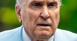 Hours after Robert Duvall passed away peacefully, at age 95, at his Virginia ranch on Sunday, celebrity tributes poured in paying tribute to the late, great Oscar winner (pictured in 2021)