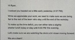 Ryan received a reprimanding email from his manager after leaving work 'early' at 4:57pm