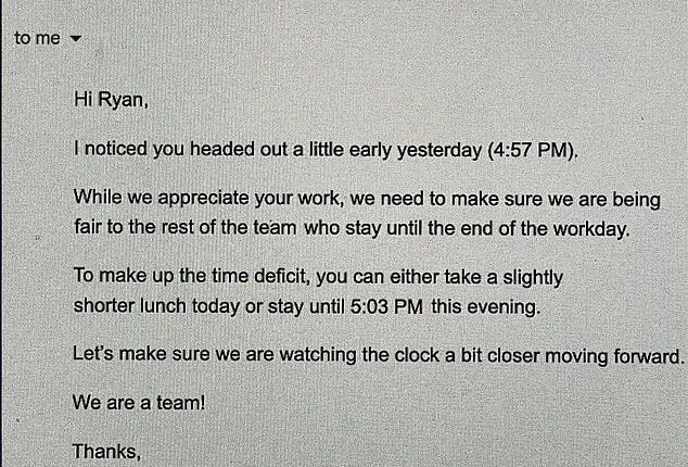 Ryan received a reprimanding email from his manager after leaving work 'early' at 4:57pm