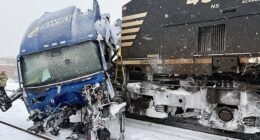 A semi-truck was struck by a freight train at the intersection of Poplar Street and Airline Avenue in Gastonia, north of downtown Charlotte, North Carolina