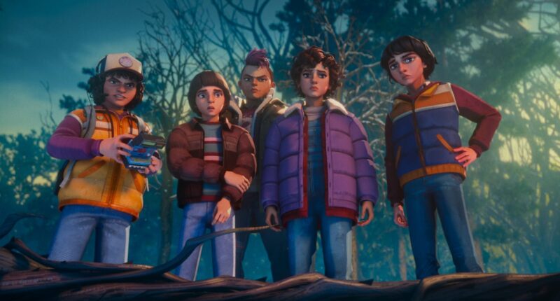 Stranger Things: Tales From '85 (L to R) Braxton Quinney as Dustin, Benjamin Plessala as Will, Brooklyn Davey Norstedt as Eleven and Luca Diaz as Mike in Stranger Things: Tales From '85
