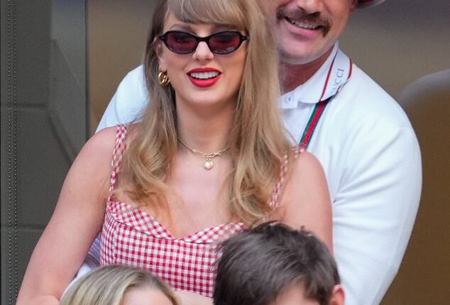 Taylor Swift's fiancé Travis Kelce gave a sly nod to his 'wood' in a Valentine's Day card posted to Instagram on the romantic date; pictured at the US Open in New York in 2024