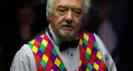 Snooker legend and TV favourite John Virgo, pictured during an exhibition match at the Crucible in Sheffield in May 2015, has died at the age of 79