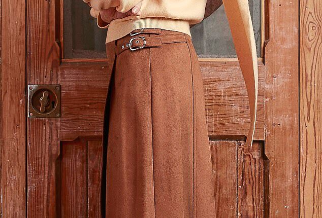 Cashmere-blend jumper (with scarf), £129, karenmillen.com. Faux-suede skirt, £46, riverisland.com. Shoulder bag (just seen), £26.99, quizclothing.co.uk. Boots, £140, topshop.com.