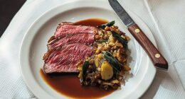 Sirloin steak comes with confit potatoes, ‘all buttery allure’