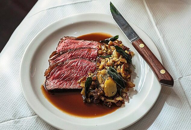 Sirloin steak comes with confit potatoes, ‘all buttery allure’