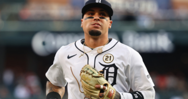 Detroit Tigers shortstop Javier Báez during a game as he is ruled out of the 2026 World Baseball Classic due to a marijuana ban.