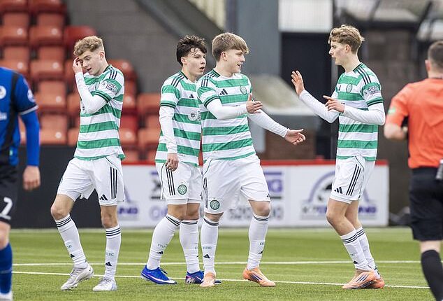 Celtic's B team players celebrate a 3-1 victory over Cumbernauld Colts on Saturday