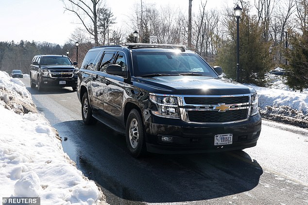 Vehicles of the motorcade believed to be carrying former Secretary of State Hillary Clinton arrive at the Chappaqua Performing Arts Center, on the day Hillary Clinton appears for a deposition in the House Oversight Committee investigation of late financier and convicted sex offender Jeffrey Epstein, in Chappaqua, New York