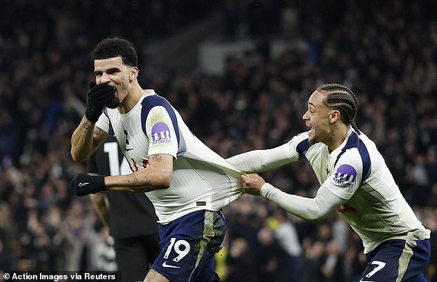Dominic Solanke (left) scored a stunning equaliser for Tottenham against Manchester City