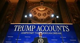 President Donald Trump delivers remarks on 'Trump Accounts' at the Andrew W. Mellon Auditorium in Washington, DC, on January 28, 2026