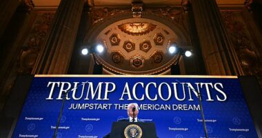 President Donald Trump delivers remarks on 'Trump Accounts' at the Andrew W. Mellon Auditorium in Washington, DC, on January 28, 2026