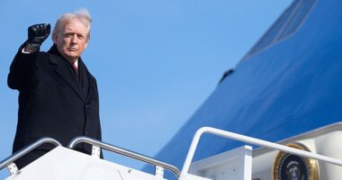 President Donald Trump gives the press a fist bump after boarding Air Force One last week. On Monday, he told podcaster Dan Bongino that he takes the steps 'nice and slow' after mocking President Joe Biden's repeated stumbles