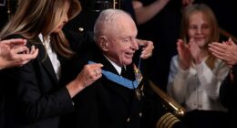 Royce Williams, a 100-year-old Navy aviator and Korean War veteran, is given the Congressional Medal of Honor by U.S. First lady Melania Trump
