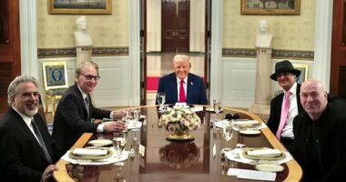 Bill Maher is pictured in April at a dinner table in the White House with President Donald Trump, Kid Rock and UFC owner Dana White
