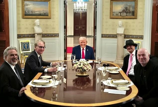 Bill Maher is pictured in April at a dinner table in the White House with President Donald Trump, Kid Rock and UFC owner Dana White