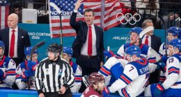 US coach Mike Sullivan expresses his disapproval with officials during the Olympic opener