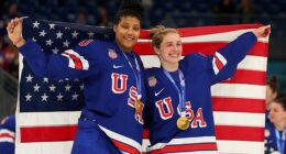 Team USA hockey superstar Laila Edwards (L) celebrated Olympic gold alongside her family