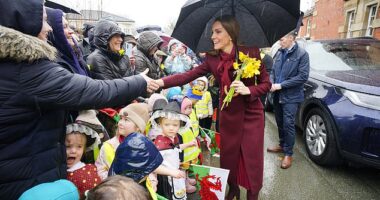 The Prince and Princess of Wales pictured meeting members of the public during a visit to the Hanging Gardens in Llanidloes, Wales on Thursday, ahead of St David's Day