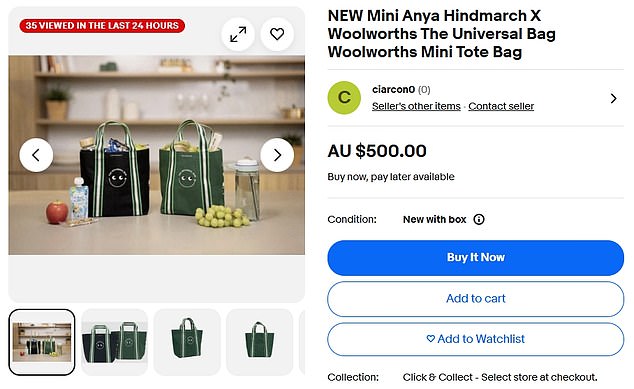 Listings on eBay show the Woolworths shopping bag priced at $60, $99, $250 and even as high as $500, as opportunistic sellers attempt to cash in on demand