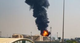 An Iranian drone hit a fuel tank near Dubai Airport, sparking a massive fire on March 16