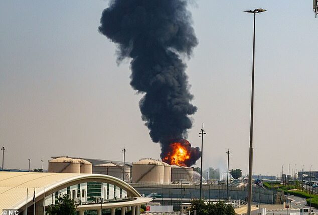 An Iranian drone hit a fuel tank near Dubai Airport, sparking a massive fire on March 16