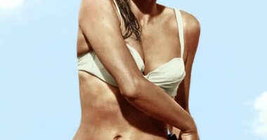 In an unforgettable white bikini and with a dagger on her hip, Ursula Andress's appearance (pictured in 1962) on a gleaming Jamaican beach in Dr No set the standard for every Bond girl