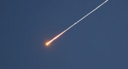 HEBRON, WEST BANK - MARCH 28: A view of missile traces launched from Yemen at Israel sighted in the sky over Hebron, West Bank, on March 28, 2026. For the first time since the U.S. and Israel launched their offensive against Iran, missiles allegedly have been fired from Yemen toward Israel. (Photo by Wisam Hashlamoun/Anadolu via Getty Images)