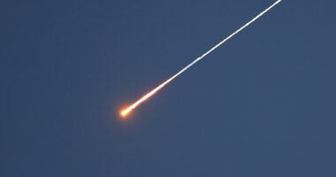 HEBRON, WEST BANK - MARCH 28: A view of missile traces launched from Yemen at Israel sighted in the sky over Hebron, West Bank, on March 28, 2026. For the first time since the U.S. and Israel launched their offensive against Iran, missiles allegedly have been fired from Yemen toward Israel. (Photo by Wisam Hashlamoun/Anadolu via Getty Images)