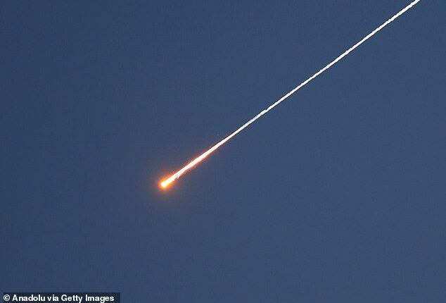 HEBRON, WEST BANK - MARCH 28: A view of missile traces launched from Yemen at Israel sighted in the sky over Hebron, West Bank, on March 28, 2026. For the first time since the U.S. and Israel launched their offensive against Iran, missiles allegedly have been fired from Yemen toward Israel. (Photo by Wisam Hashlamoun/Anadolu via Getty Images)
