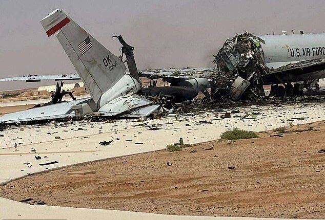 An image appears to show a US Air Force E-3G Sentry aircraft sitting in ruins at Prince Sultan Air Base in Saudi Arabia after an Iranian missile and drone strike