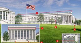 The above image illustrates the issues identified by the critics. 1. Columns block interior view. 2. Grand Staircase does not lead to ballroom. 3. Entrance is actually by the side.  4 Portico unnecessarily big. 6 Design requires relocation of existing path, ruining symmetry.
