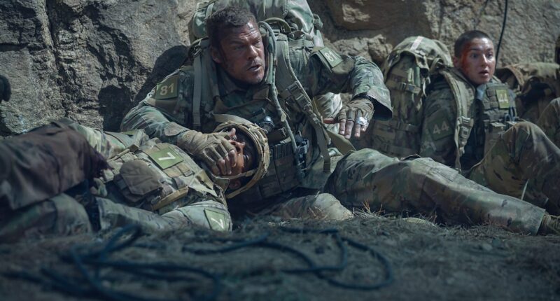 (L-R) Stephan James as 7, Alan Ritchson as 81, and Alex King as 44 in War Machine