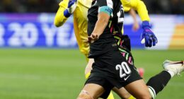 Sam Kerr is pictured a split second before the strike that propelled the Matildas into the final of the Asian Cup
