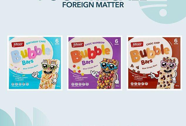 Aldi Australia has announced an urgent recall of three flavours of Hillcrest Bubble Bars - Choc Rainbow, Birthday Cake and Choc Chip - after traces of black rubber pieces were detected