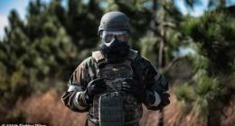 Airmen war mission-oriented protective posture gear (MOPP) in case of a chemical attack