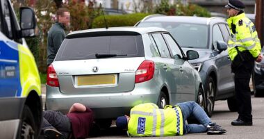 Police check the engine and undercarriage of a silver-coloured Skoda in a road in Finchley last Friday