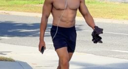 Arnold Schwarzenegger's youngest son Joseph Baena enjoyed a shirtless stroll through Santa Monica on Sunday in the first sighting since winning big at his first bodybuilding competition