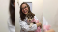 Isadora Borges holding a puppy