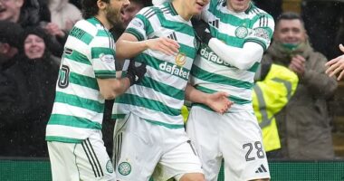 Celtic hero Yang Hyun-jun is hailed by team-mates after claiming his second of the afternoon