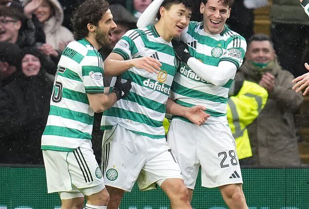 Celtic hero Yang Hyun-jun is hailed by team-mates after claiming his second of the afternoon