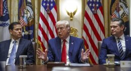 US President Donald J. Trump (C), with Secretary of State Marco Rubio (L) and Secretary of Defense Pete Hegseth (R), responds to a question from the news media during a cabinet meeting