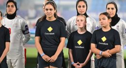 The Iranian women's football team were branded 'wartime traitors' after they refused to sing Iran's national anthem on Monday before the Asian Cup opener (pictured)
